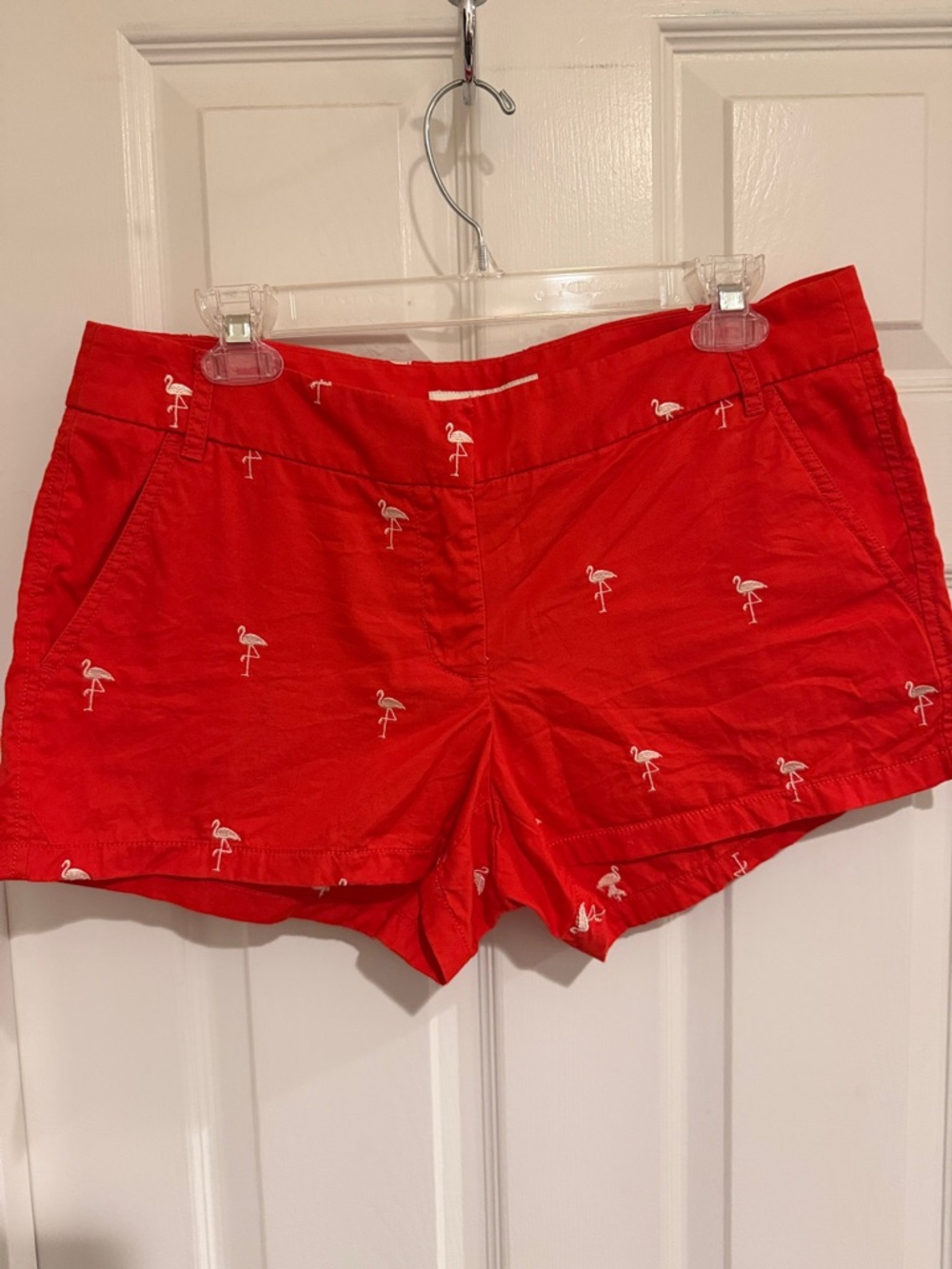 J. Crew Red Flamingo Embroidered Cotton Chino Shorts. Size 8. EUC